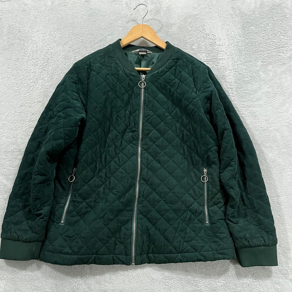 Christopher &‎ Banks Jacket Womens Large Quilted Corduroy Bomber Green Zip Front